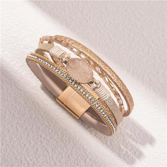 Boho Leather Wrap Bracelets Bohemian Crystal Bracelets Trendy Layered Bracelet - Picture 4 of 7